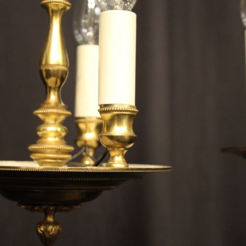 FRENCH PAIR OF EMPIRE TRIPLE LIGHT ANTIQUE CHANDELIERS - ADDITIONAL PHOTO 5