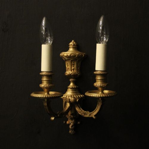 FRENCH PAIR OF GILDED BRONZE TWIN ARM WALL SCONCES - ADDITIONAL PHOTO 1