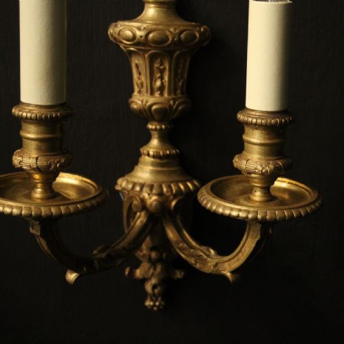 FRENCH PAIR OF GILDED BRONZE TWIN ARM WALL SCONCES - ADDITIONAL PHOTO 2