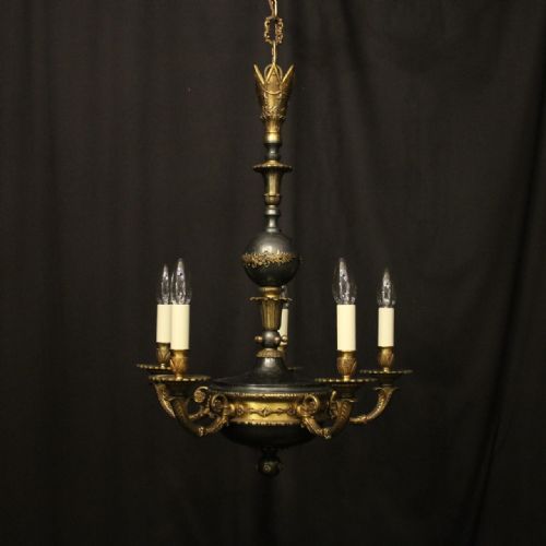 empire gilded empire 5 light antique chandelier - CATEGORY: ANTIQUE LIGHTING - DATED 1920