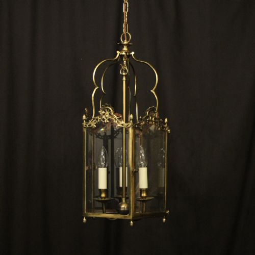 english brass triple light antique hall lantern - CATEGORY: ANTIQUE LIGHTING - DATED 1920