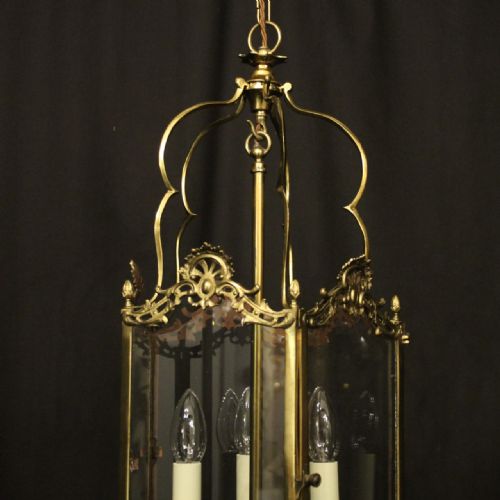 ENGLISH BRASS TRIPLE LIGHT ANTIQUE HALL LANTERN - ADDITIONAL PHOTO 1