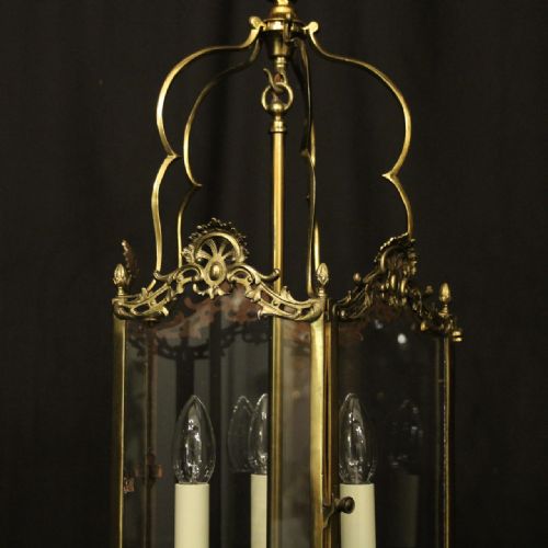 ENGLISH BRASS TRIPLE LIGHT ANTIQUE HALL LANTERN - ADDITIONAL PHOTO 2