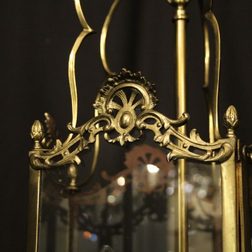 ENGLISH BRASS TRIPLE LIGHT ANTIQUE HALL LANTERN - ADDITIONAL PHOTO 3