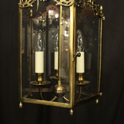 ENGLISH BRASS TRIPLE LIGHT ANTIQUE HALL LANTERN - ADDITIONAL PHOTO 4