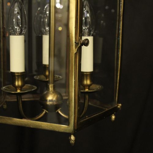 ENGLISH BRASS TRIPLE LIGHT ANTIQUE HALL LANTERN - ADDITIONAL PHOTO 7
