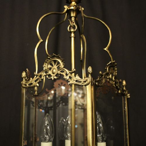 ENGLISH BRASS TRIPLE LIGHT ANTIQUE HALL LANTERN - ADDITIONAL PHOTO 9