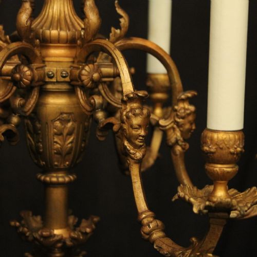 FRENCH GILDED BRONZE 19TH CENTURY 6 LIGHT ANTIQUE CHANDELIER - ADDITIONAL PHOTO 2