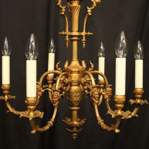 FRENCH GILDED BRONZE 19TH CENTURY 6 LIGHT ANTIQUE CHANDELIER - ADDITIONAL PHOTO 4