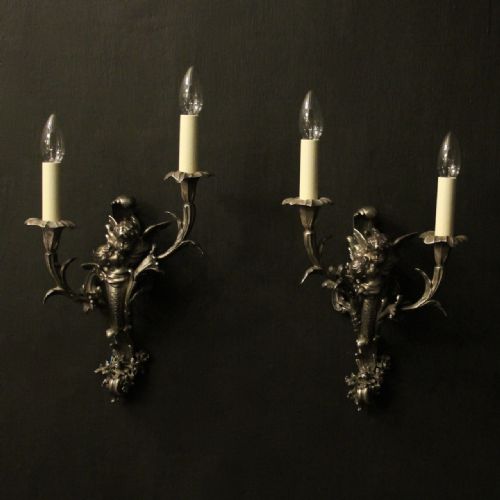 french silver gilded cherub antique wall sconces - CATEGORY: ANTIQUE LIGHTING - DATED 1910