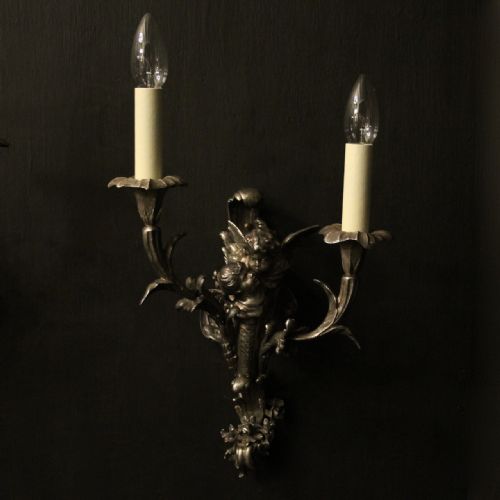 FRENCH SILVER GILDED CHERUB ANTIQUE WALL SCONCES - ADDITIONAL PHOTO 1