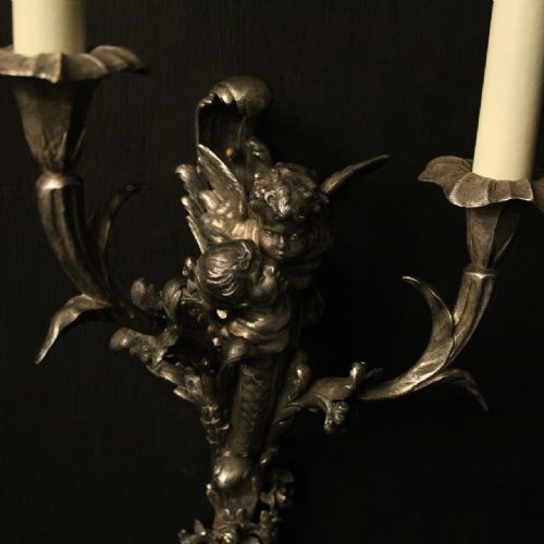 FRENCH SILVER GILDED CHERUB ANTIQUE WALL SCONCES - ADDITIONAL PHOTO 2