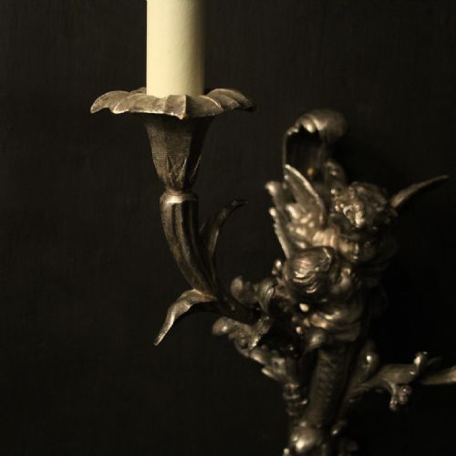 FRENCH SILVER GILDED CHERUB ANTIQUE WALL SCONCES - ADDITIONAL PHOTO 3