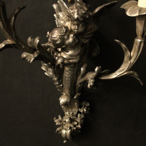 FRENCH SILVER GILDED CHERUB ANTIQUE WALL SCONCES - ADDITIONAL PHOTO 4