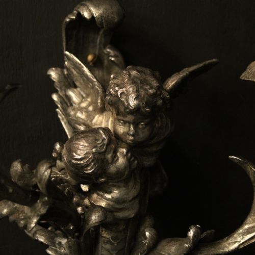 FRENCH SILVER GILDED CHERUB ANTIQUE WALL SCONCES - ADDITIONAL PHOTO 5