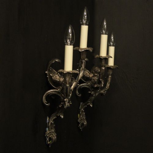 FRENCH SILVER GILDED CHERUB ANTIQUE WALL SCONCES - ADDITIONAL PHOTO 7
