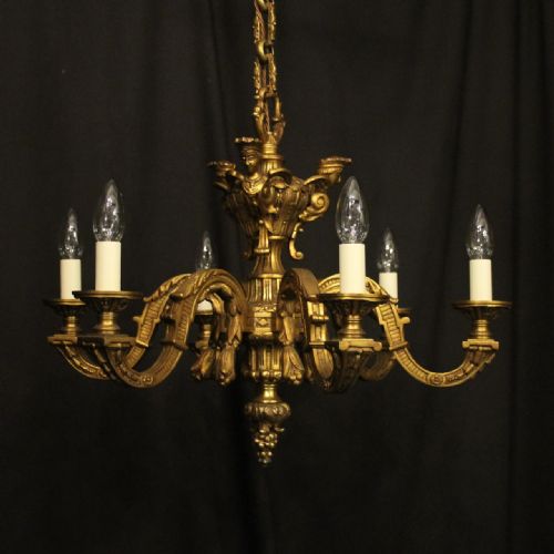 french gilded bronze 6 light antique chandelier - CATEGORY: ANTIQUE LIGHTING - DATED 19TH CENTURY