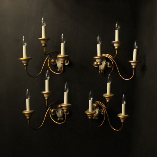 italian set of 4 polychrome gilded triple arm wall lights - CATEGORY: ANTIQUE LIGHTING - DATED 1920