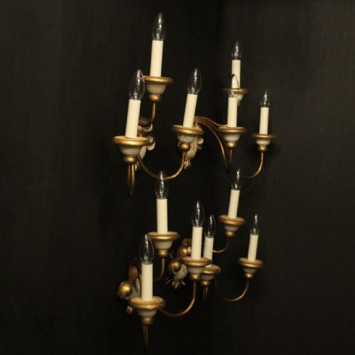 ITALIAN SET OF 4 POLYCHROME GILDED TRIPLE ARM WALL LIGHTS - ADDITIONAL PHOTO 9