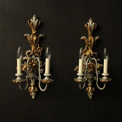 italian pair of polychrome gilded wall lights - CATEGORY: ANTIQUE LIGHTING - DATED 1930