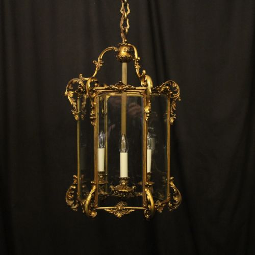 french large gilded bronze triple light antique lantern - CATEGORY: ANTIQUE LIGHTING - DATED 1920