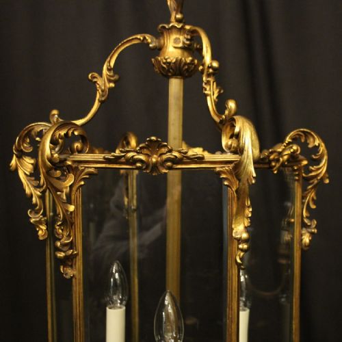 FRENCH LARGE GILDED BRONZE TRIPLE LIGHT ANTIQUE LANTERN - ADDITIONAL PHOTO 1