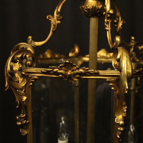 FRENCH LARGE GILDED BRONZE TRIPLE LIGHT ANTIQUE LANTERN - ADDITIONAL PHOTO 2