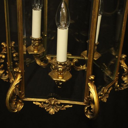 FRENCH LARGE GILDED BRONZE TRIPLE LIGHT ANTIQUE LANTERN - ADDITIONAL PHOTO 3