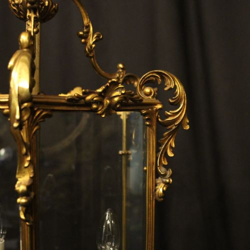 FRENCH LARGE GILDED BRONZE TRIPLE LIGHT ANTIQUE LANTERN - ADDITIONAL PHOTO 4