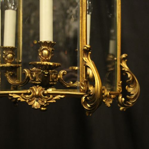 FRENCH LARGE GILDED BRONZE TRIPLE LIGHT ANTIQUE LANTERN - ADDITIONAL PHOTO 5