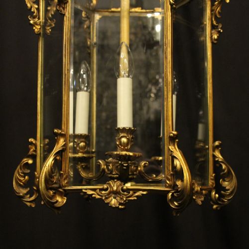 FRENCH LARGE GILDED BRONZE TRIPLE LIGHT ANTIQUE LANTERN - ADDITIONAL PHOTO 6