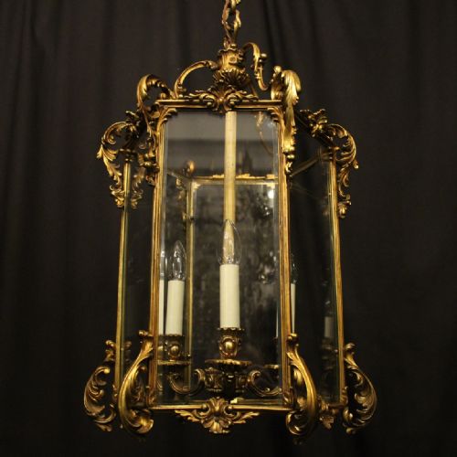 FRENCH LARGE GILDED BRONZE TRIPLE LIGHT ANTIQUE LANTERN - ADDITIONAL PHOTO 7