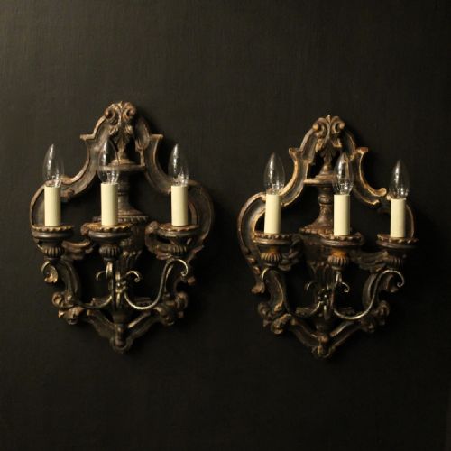 italian pair of silver giltwood antique wall lights - CATEGORY: ANTIQUE LIGHTING - DATED 1920