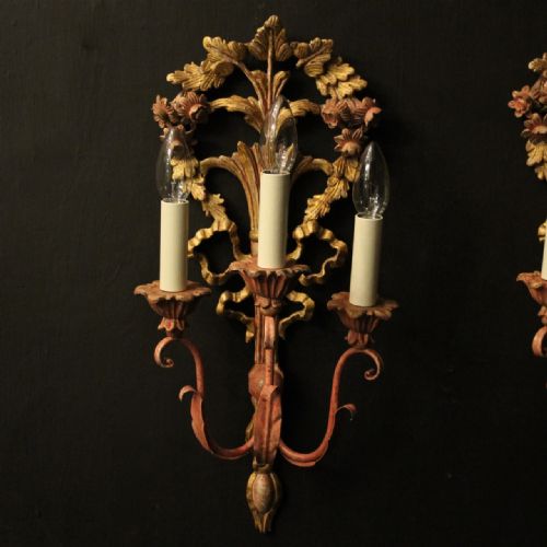 FRENCH PAIR OF POLYCHROME ANTIQUE WALL LIGHTS - ADDITIONAL PHOTO 1
