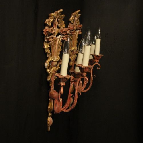 FRENCH PAIR OF POLYCHROME ANTIQUE WALL LIGHTS - ADDITIONAL PHOTO 9