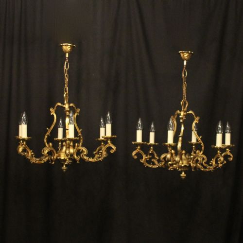 french pair of gilded bronze 6 light antique chandeliers - CATEGORY: ANTIQUE LIGHTING - DATED 1930
