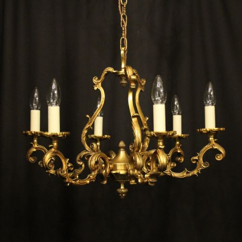 FRENCH PAIR OF GILDED BRONZE 6 LIGHT ANTIQUE CHANDELIERS - ADDITIONAL PHOTO 1