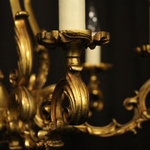 FRENCH PAIR OF GILDED BRONZE 6 LIGHT ANTIQUE CHANDELIERS - ADDITIONAL PHOTO 3