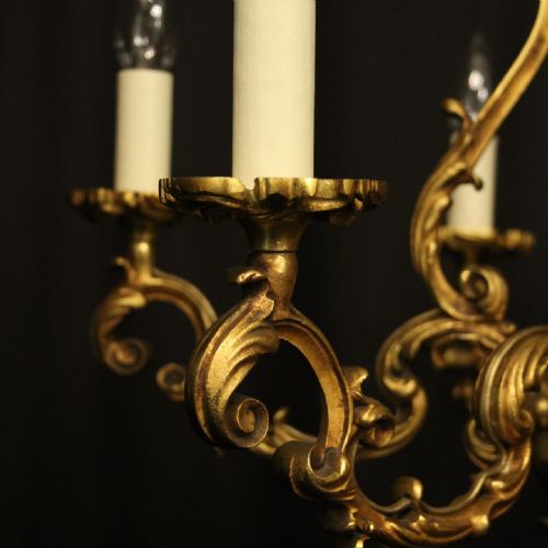 FRENCH PAIR OF GILDED BRONZE 6 LIGHT ANTIQUE CHANDELIERS - ADDITIONAL PHOTO 6