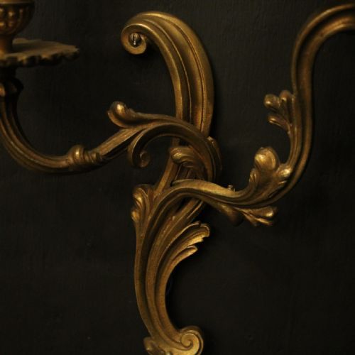 FRENCH PAIR OF GILDED TWIN ARM ANTIQUE WALL LIGHTS - ADDITIONAL PHOTO 2