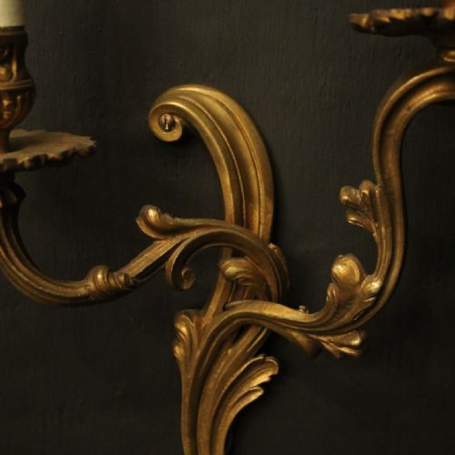 FRENCH PAIR OF GILDED TWIN ARM ANTIQUE WALL LIGHTS - ADDITIONAL PHOTO 3