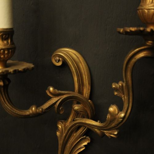 FRENCH PAIR OF GILDED TWIN ARM ANTIQUE WALL LIGHTS - ADDITIONAL PHOTO 8