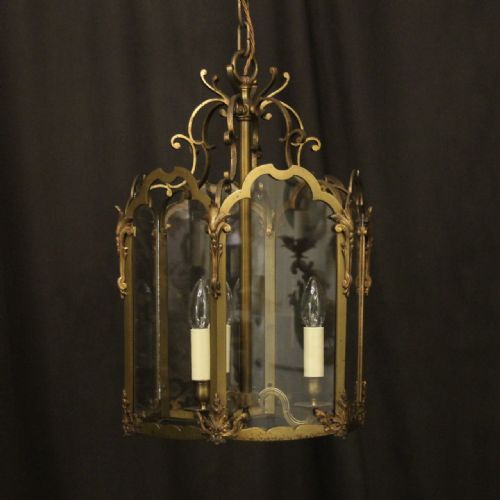 french brass triple light antique hall lantern - CATEGORY: ANTIQUE LIGHTING - DATED 1900