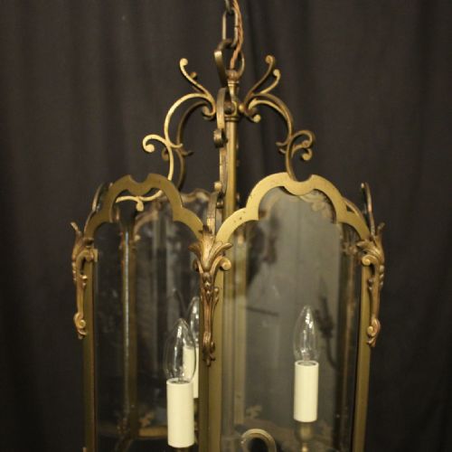 FRENCH BRASS TRIPLE LIGHT ANTIQUE HALL LANTERN - ADDITIONAL PHOTO 1