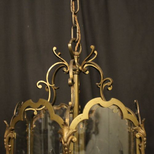 FRENCH BRASS TRIPLE LIGHT ANTIQUE HALL LANTERN - ADDITIONAL PHOTO 2