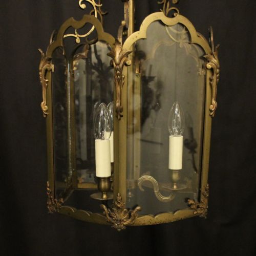 FRENCH BRASS TRIPLE LIGHT ANTIQUE HALL LANTERN - ADDITIONAL PHOTO 3
