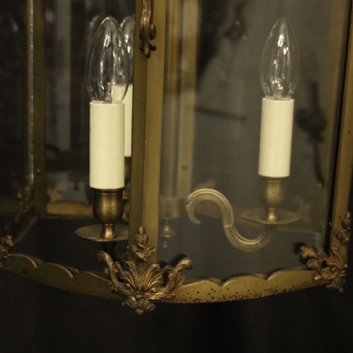 FRENCH BRASS TRIPLE LIGHT ANTIQUE HALL LANTERN - ADDITIONAL PHOTO 4