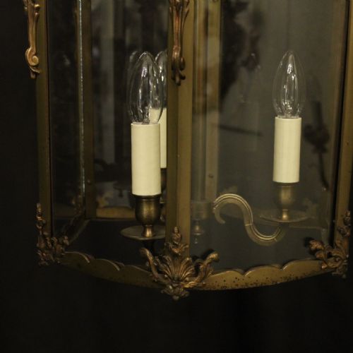 FRENCH BRASS TRIPLE LIGHT ANTIQUE HALL LANTERN - ADDITIONAL PHOTO 5