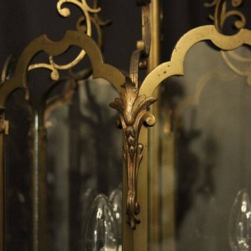 FRENCH BRASS TRIPLE LIGHT ANTIQUE HALL LANTERN - ADDITIONAL PHOTO 6