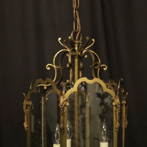 FRENCH BRASS TRIPLE LIGHT ANTIQUE HALL LANTERN - ADDITIONAL PHOTO 7